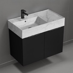 Floating Black Bathroom Vanity, Modern, 32 inch, Marble Style Sink